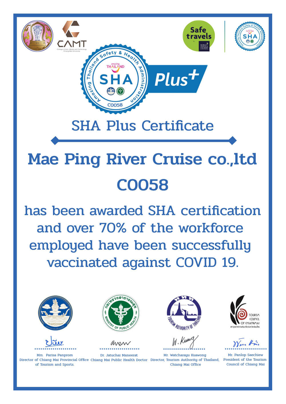 SHA Plus Certificate Mae Ping River Cruise
